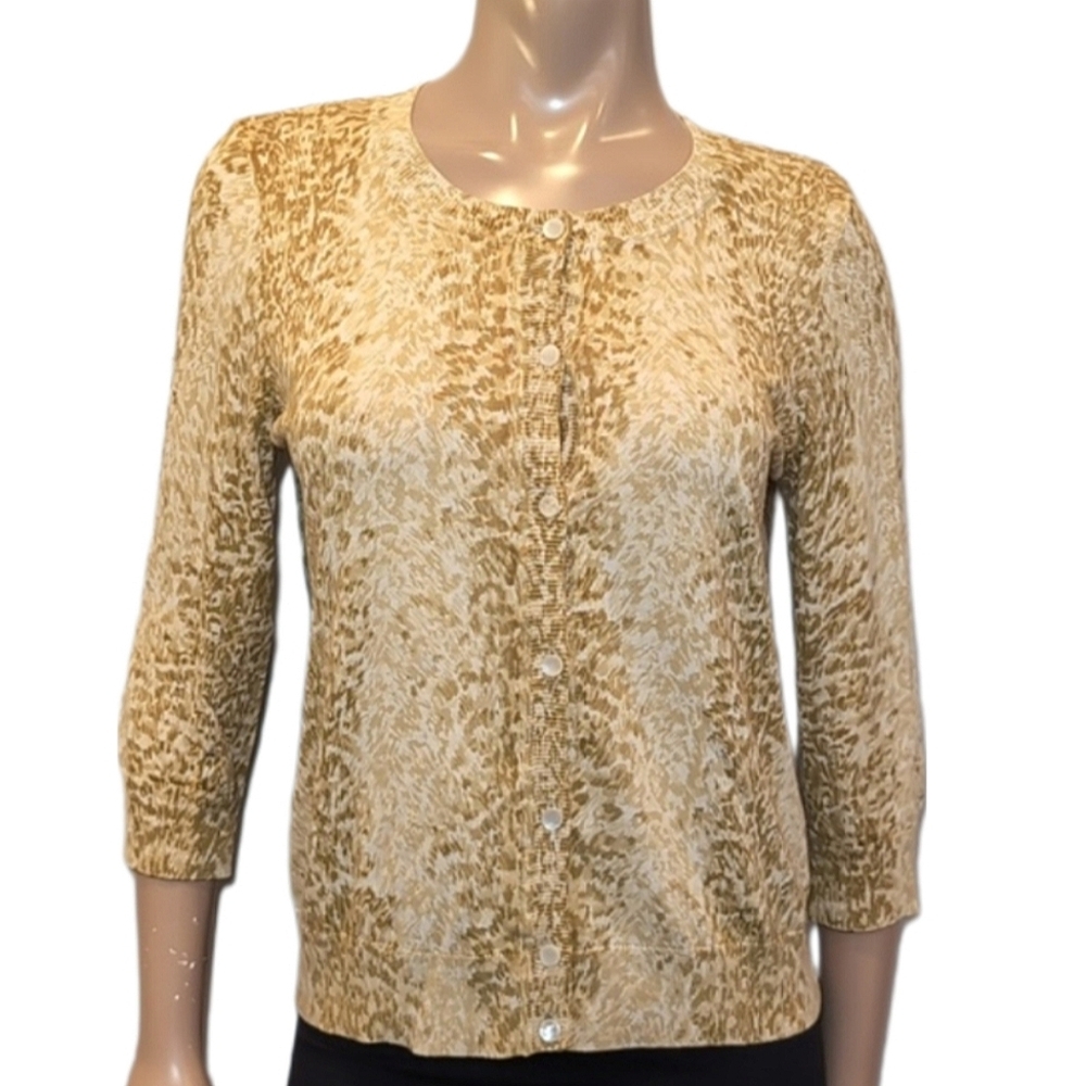 TALBOTS Animal Print Cardigan Sweater Crop Sleeve Buttoned Womens Petite Large